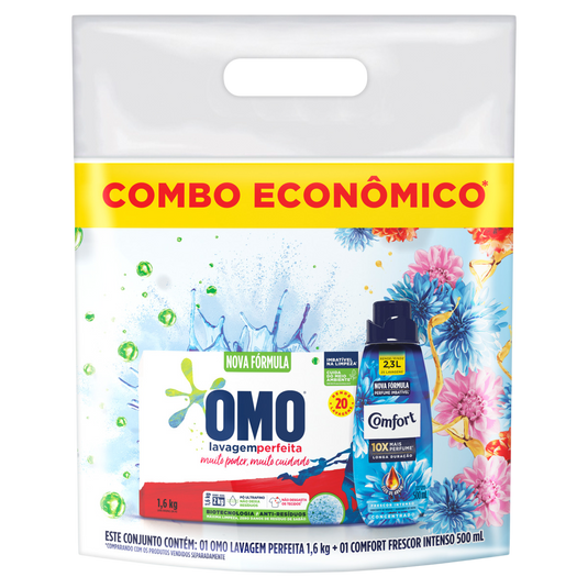 Kit Lava Roupas Em Pó Omo Lavagem Perfeita 1,6kg + Amaciante Concentrado Frescor Intenso Comfort 500ml